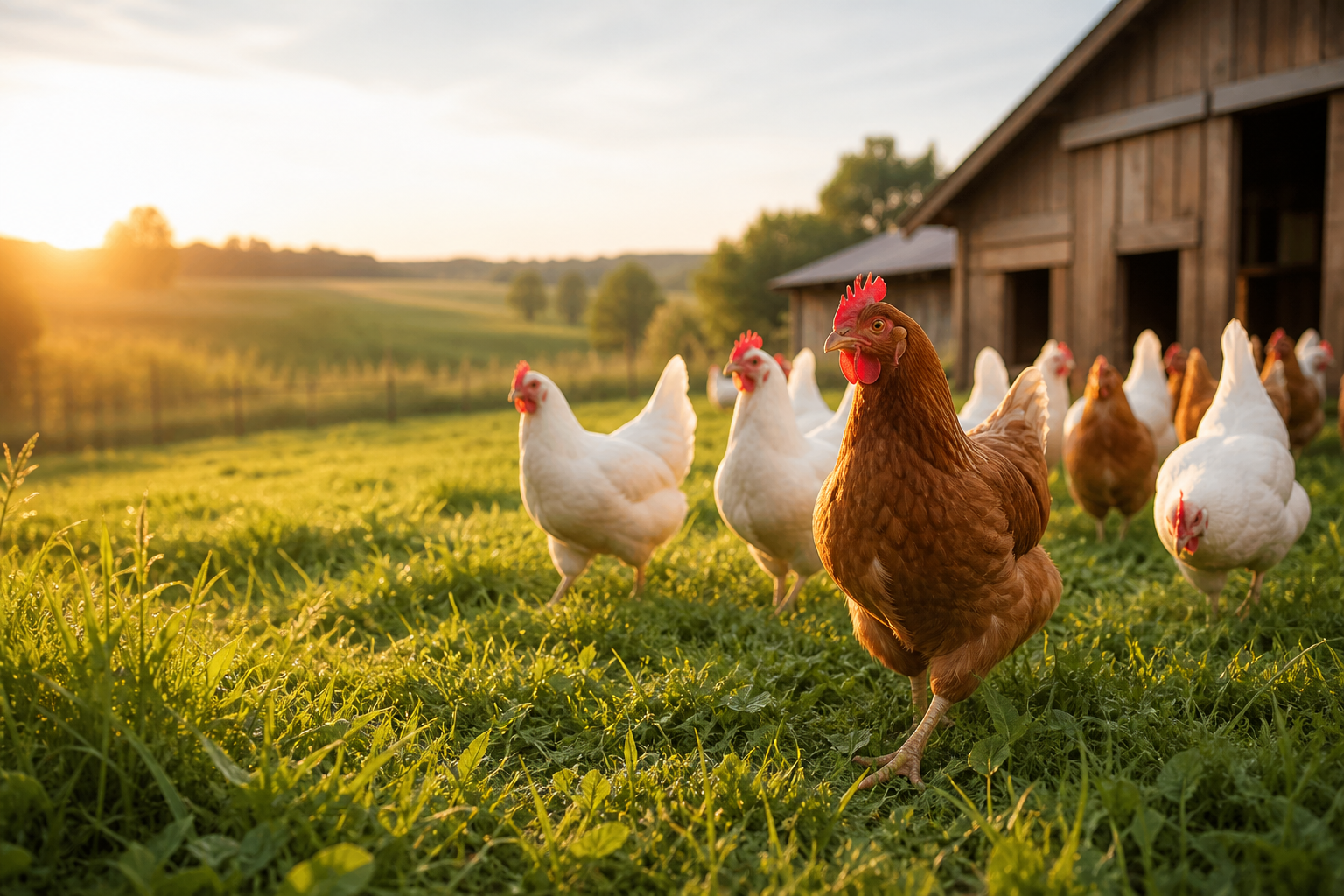 Healthy free-range hens walking on grass at sunrise